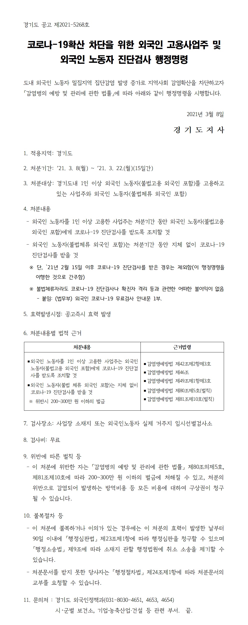 외국인고용 사업장 행정명령 공고문(2021－5268)